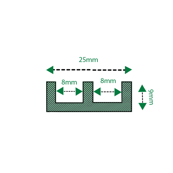 Aluminium Double Channel Mill Finish 25mm x 9mm x 3mm